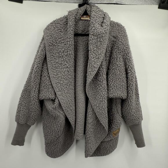 Nordic Beach Sweater Womens One Size Gray Hooded Sherpa Fleece Open Front Cozy - Picture 1 of 11